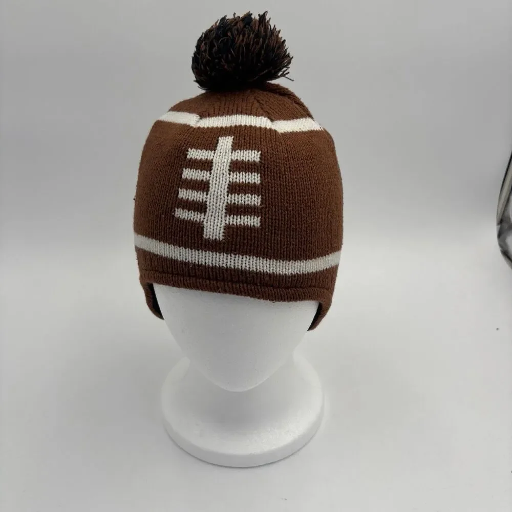 Carters Kids Football Beanie Hat Size 4-7 Brown Pom Ear Flaps Fleece Lined Winte